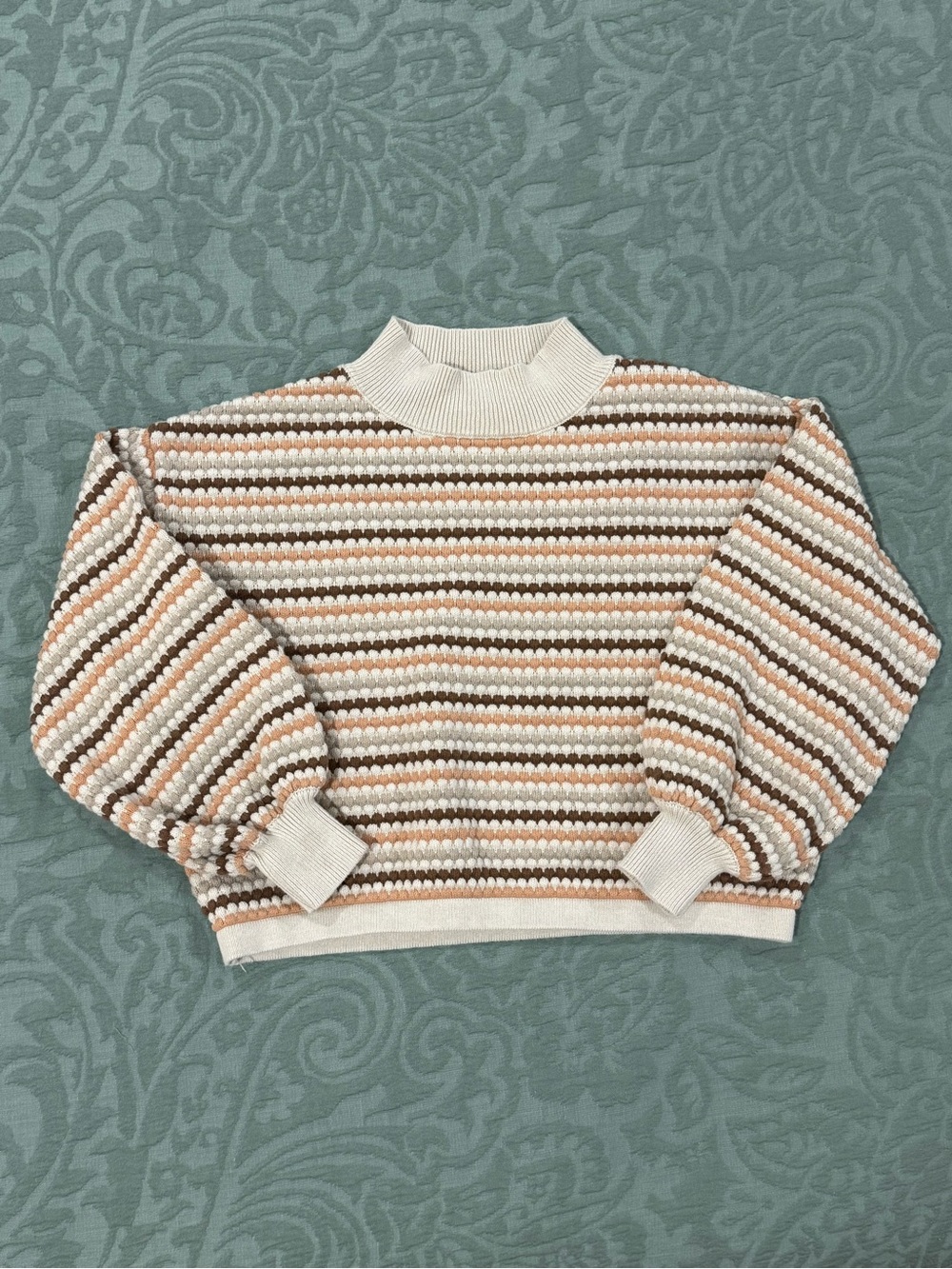 Rylee + Cru Textured Striped Knit Sweater Brown Cream Balloon Sleeve NWOT